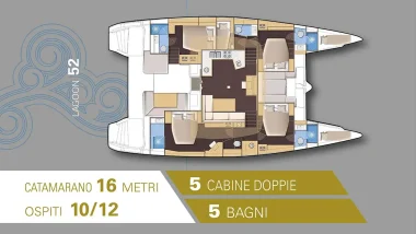 Schema del Lagoon 52 che mostra una configurazione spaziosa con cinque cabine doppie e cinque bagni. Il design interno ottimizza lo spazio per comfort e privacy, perfetto per ospitare da 10 a 12 persone, con ampie zone comuni per relax e socializzazione.